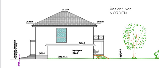 North elevation: two-story house with hip roof, central window, stairs on the left, tree on the right.