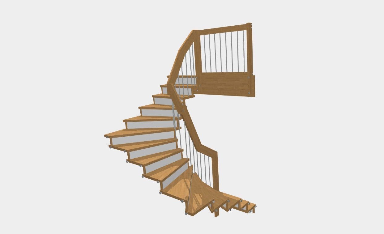 Wooden spiral staircase with metal baluster posts, leading to an upper wooden platform.