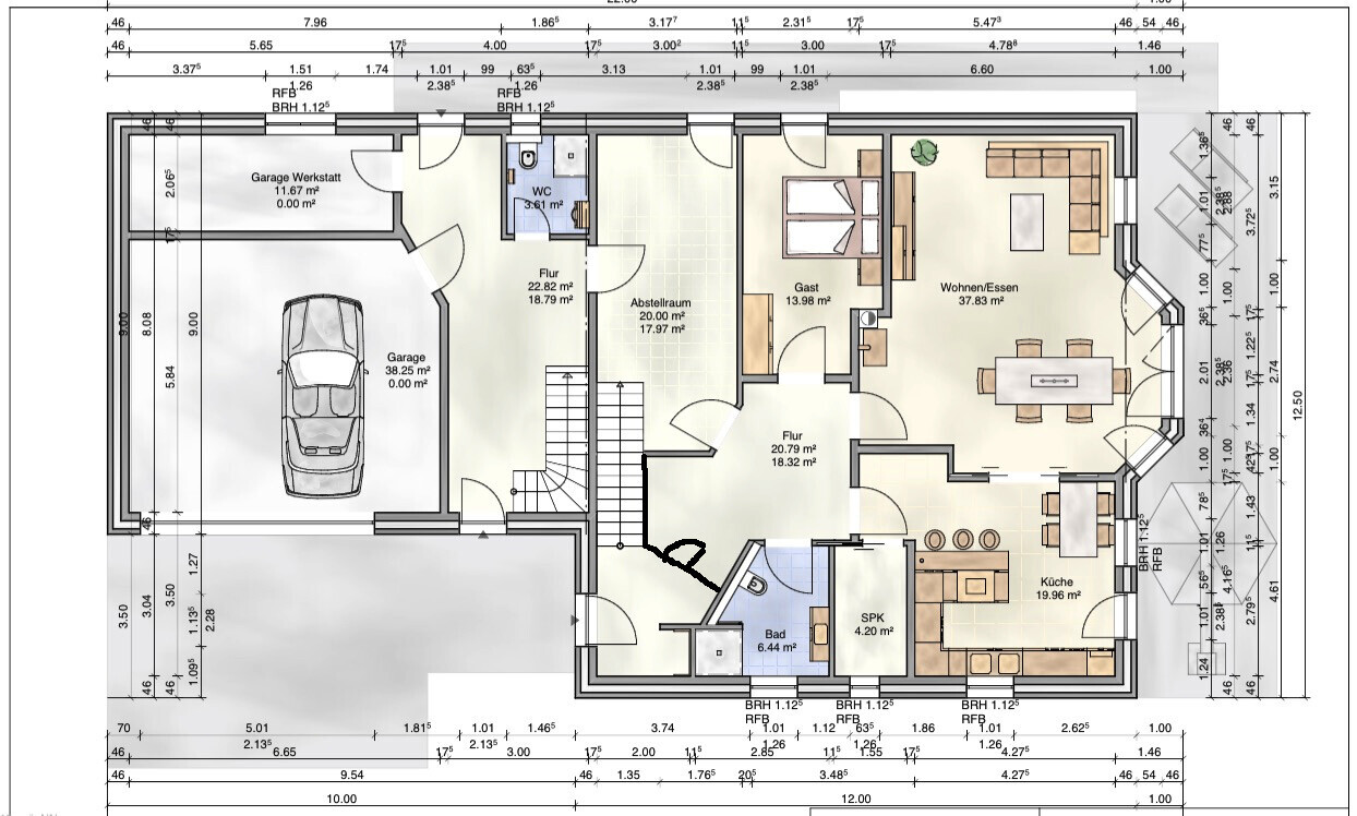Ground plan of a single-family house with garage, hallway, kitchen, living room, bathroom, guest/bedroom.