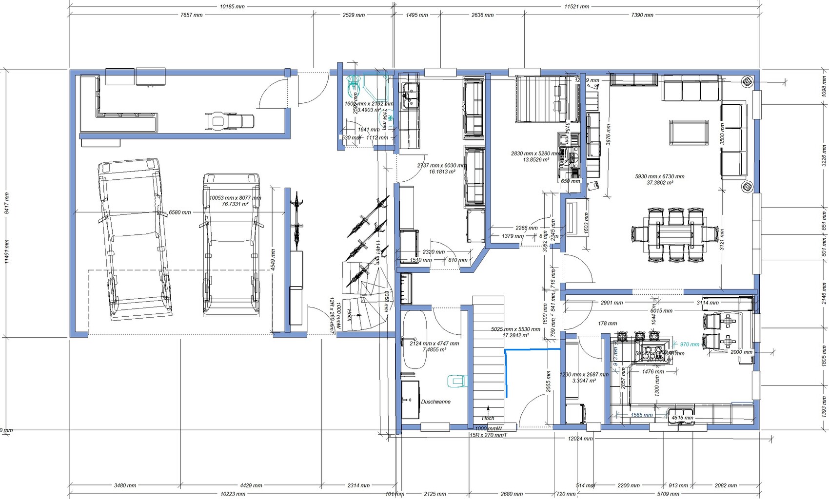 Floor plan: garage for two cars, kitchen, living room, dining room, bedroom, bathroom, staircase.