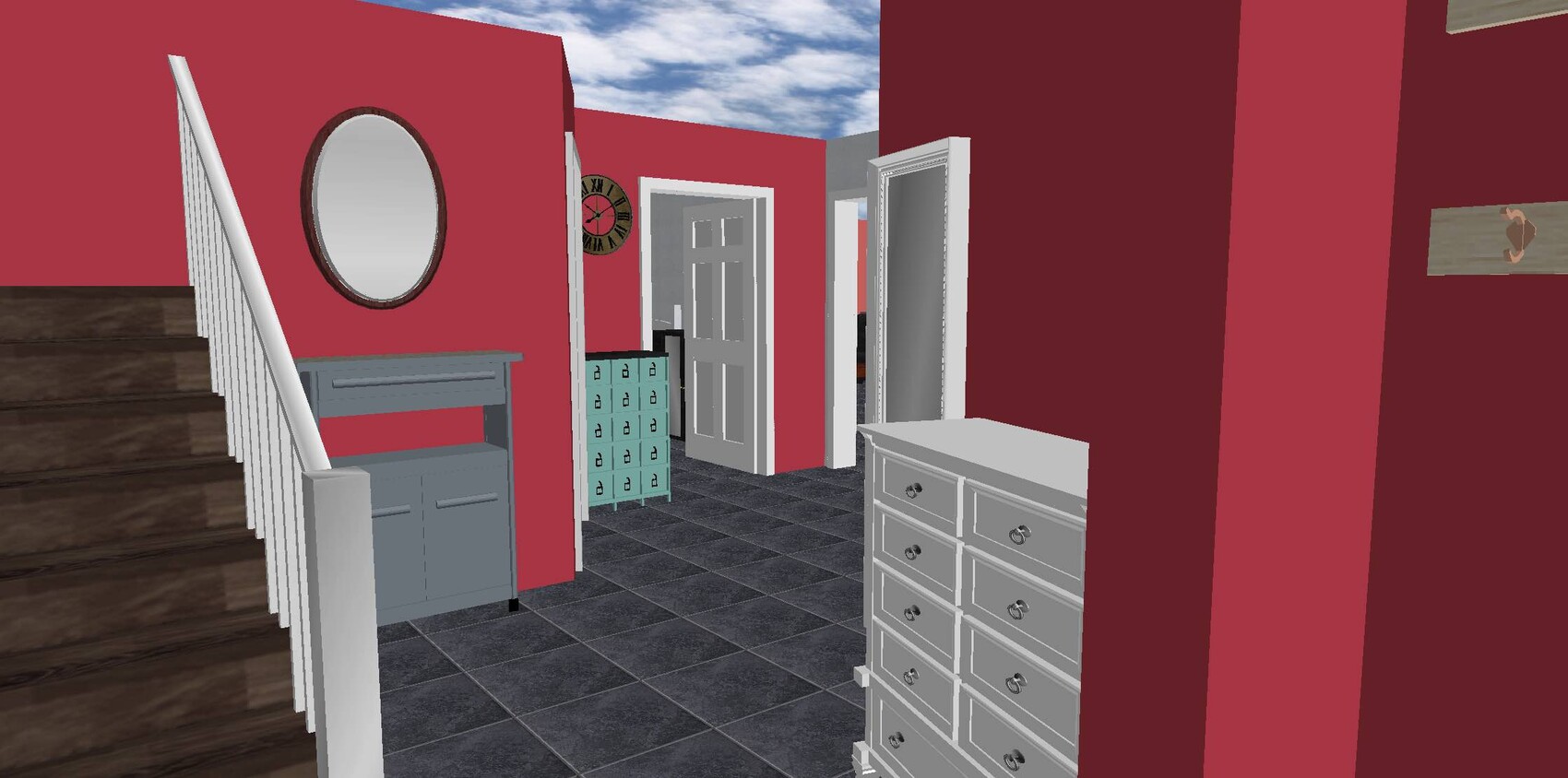 Interior view of a red hallway with stairs on the left, round mirror, chest of drawers, and doors.