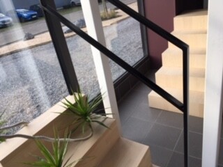 Interior area with staircase, black metal handrail, glass windows and plants