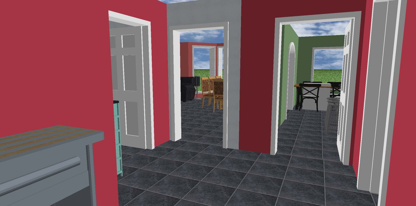 Hallway with red walls, several open doors to rooms; dining table and chairs visible.