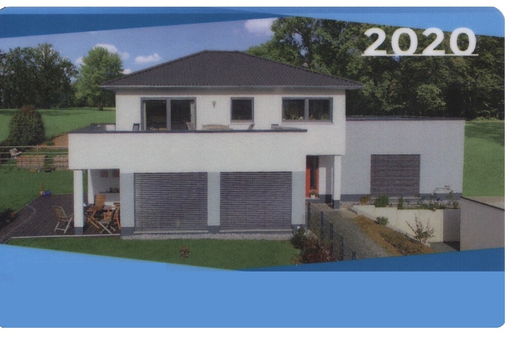 Modern white villa with garage, terrace, and garden; year 2020 in the top right corner.