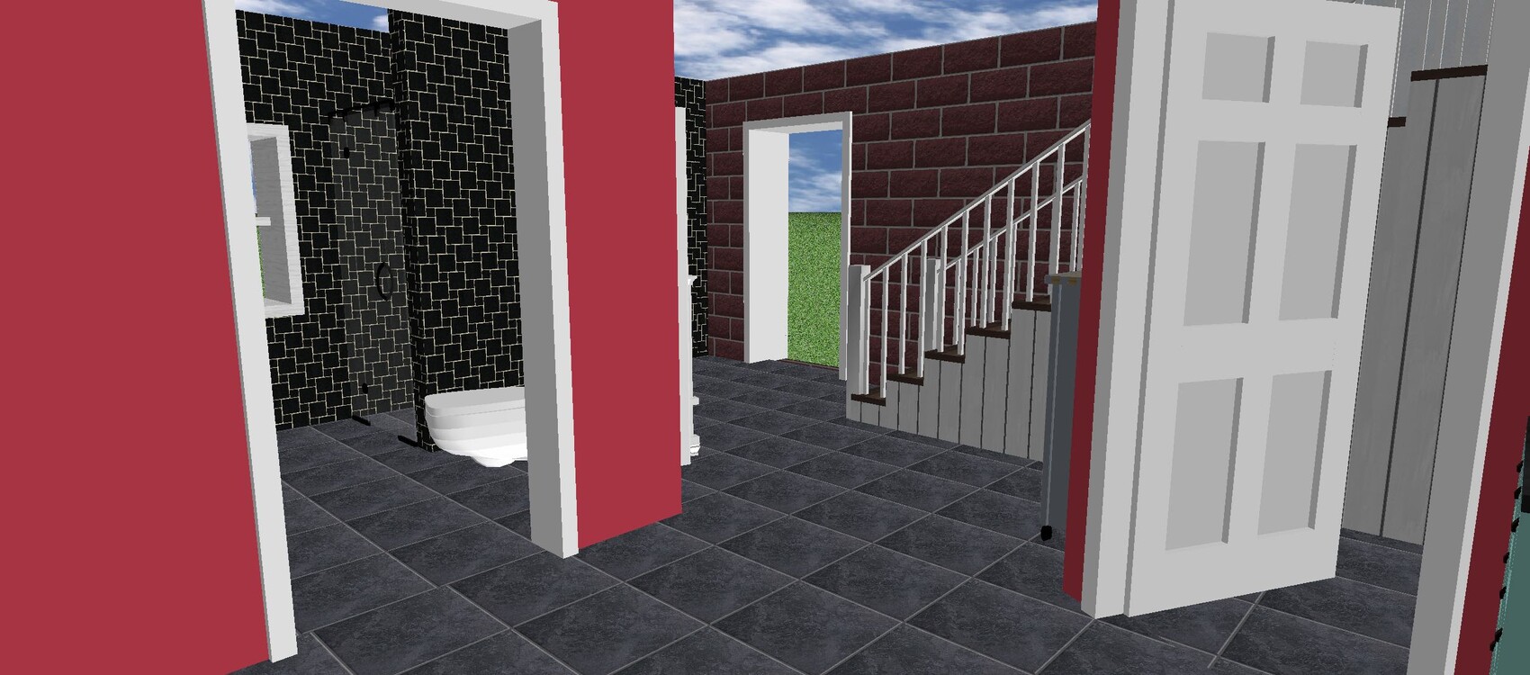 Interior view: red walls, dark tiled floor, stairs, open passageway to outside.