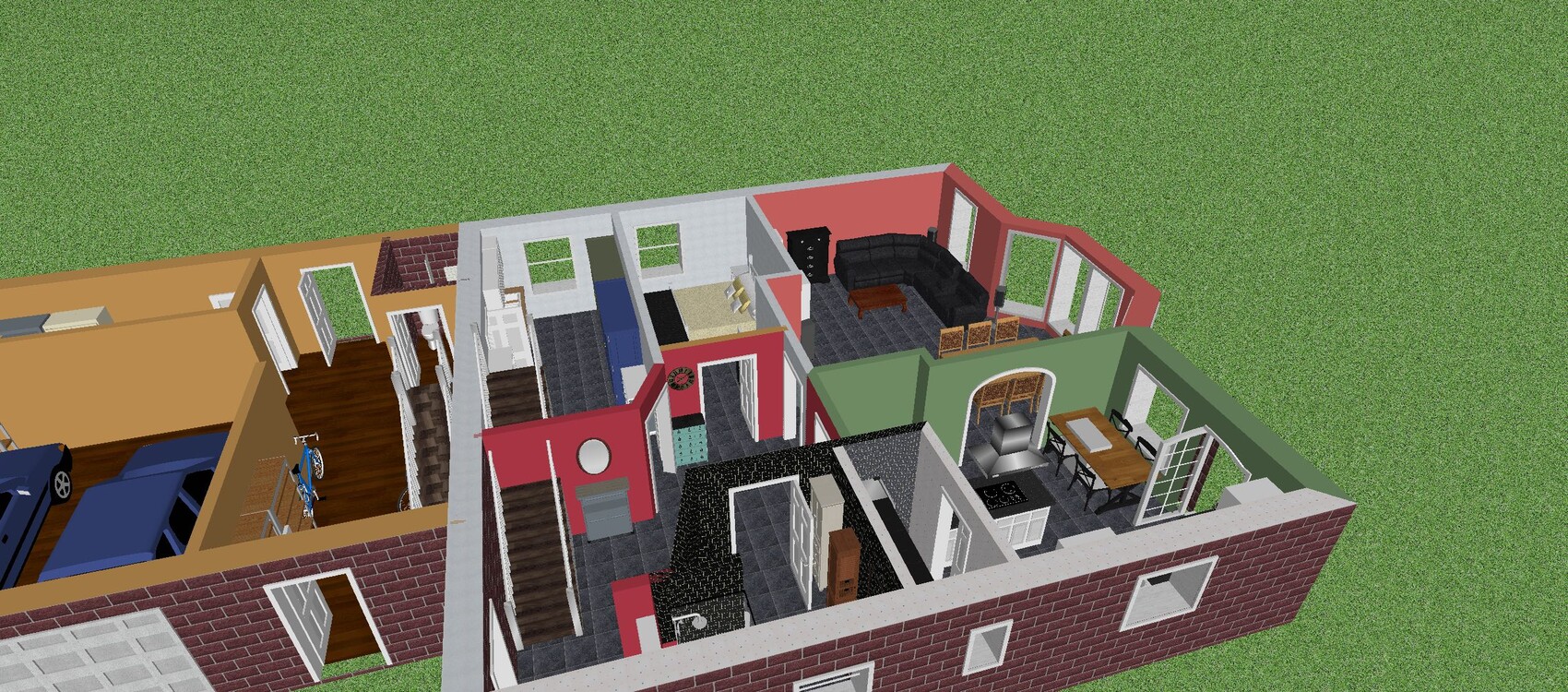 Isometric 3D house floor plan: garage, multiple colorful rooms, kitchen, living room, and garden.