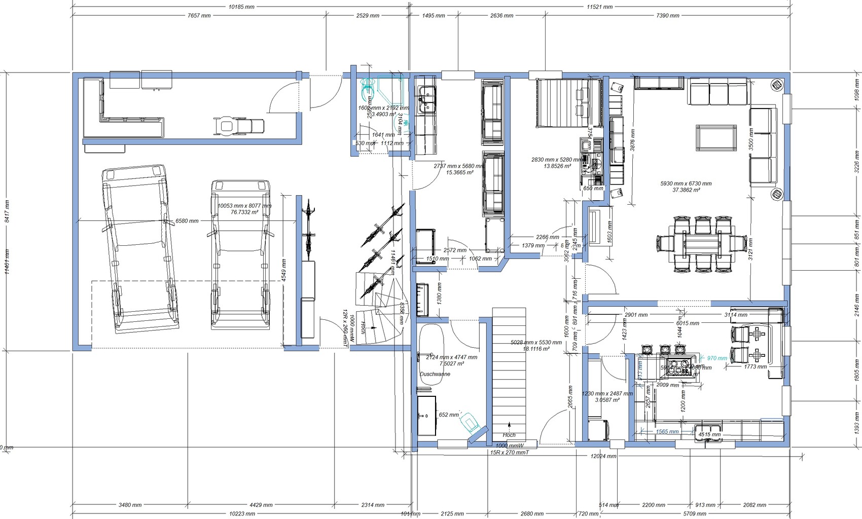 House floor plan: garage for two cars, kitchen, living and dining area, staircase.