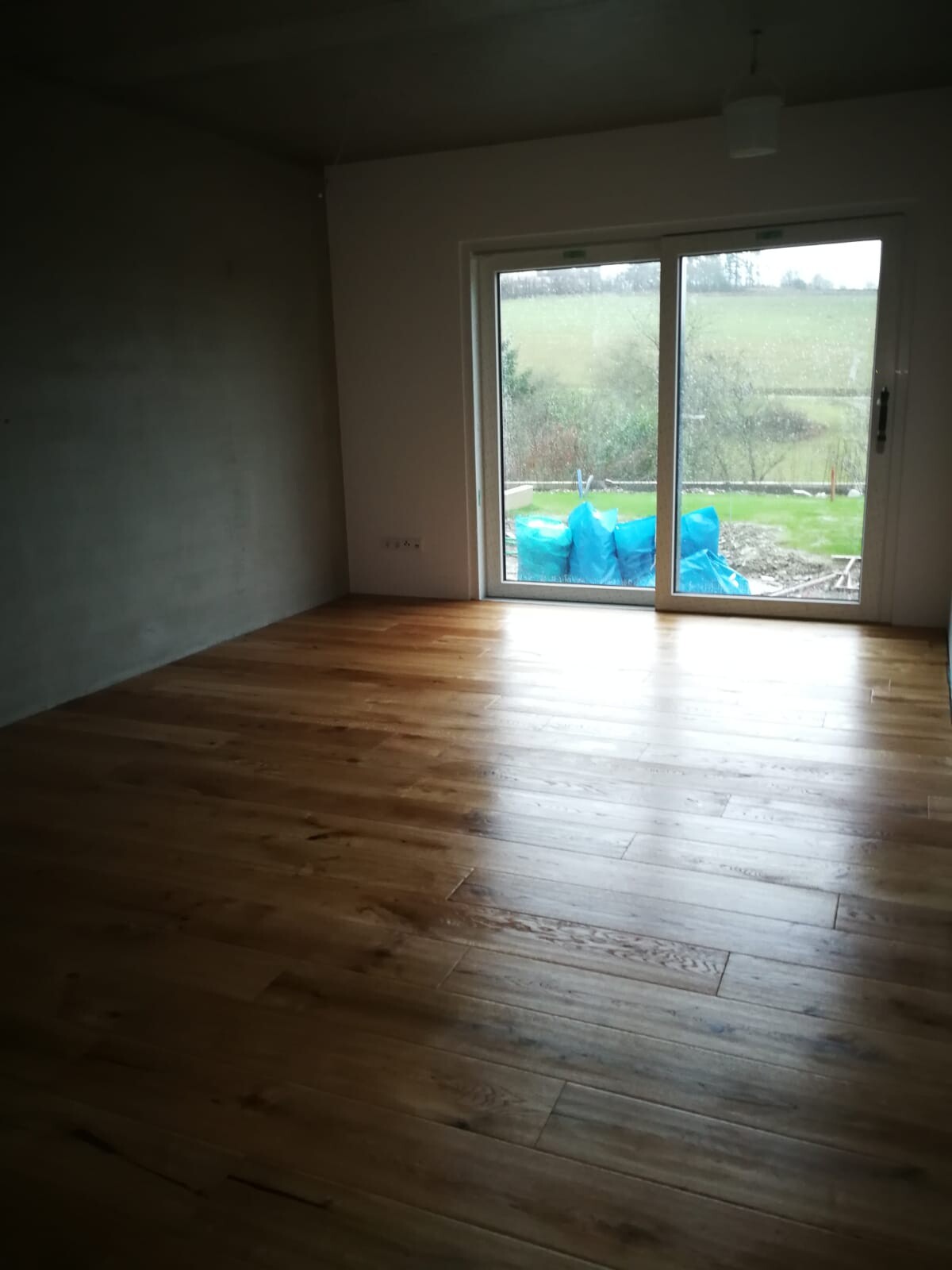 Empty room with wooden floor, glass sliding door to the outside; blue bags outside.