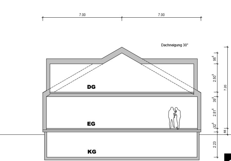 Cross-section through a multi-story house with basement, ground floor, and attic.
