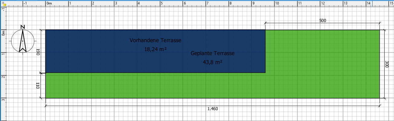 Floor plan: existing terrace (blue, 18.24 m² (196 ft²)) and planned terrace (43.8 m² (471 ft²)) on green area.