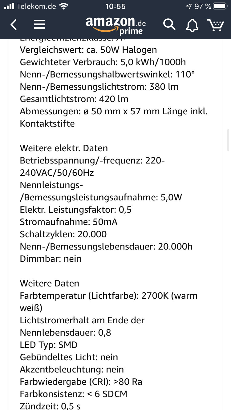 Technische Produktdaten einer LED-Leuchte: 5W, 2700K, CRI >80, 20.000h.