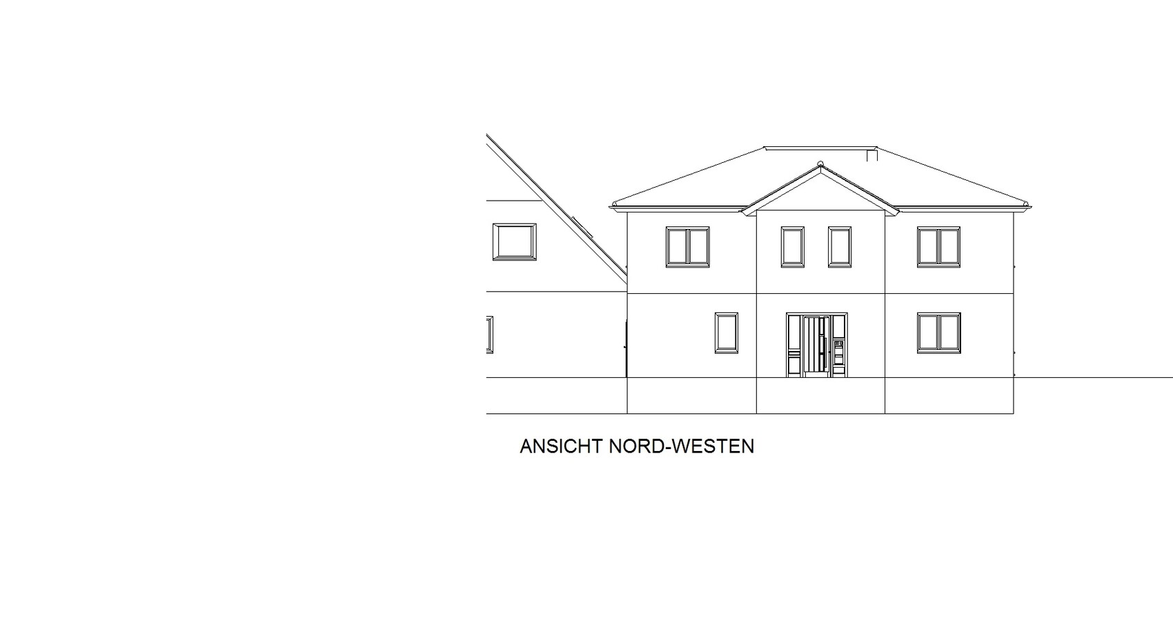Architectural drawing: northwest view of a two-story residential house with gable and left-side extension.