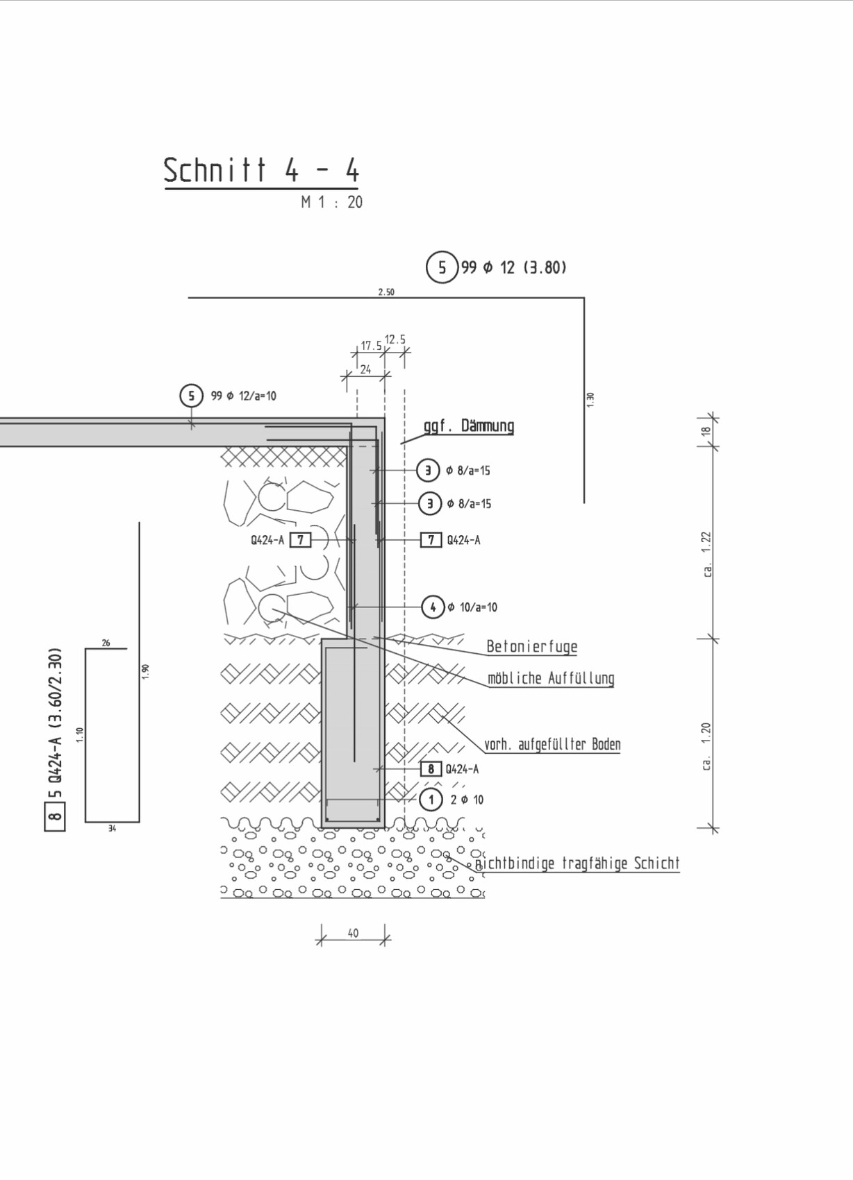 Technical drawing of a foundation and shell construction section with insulation