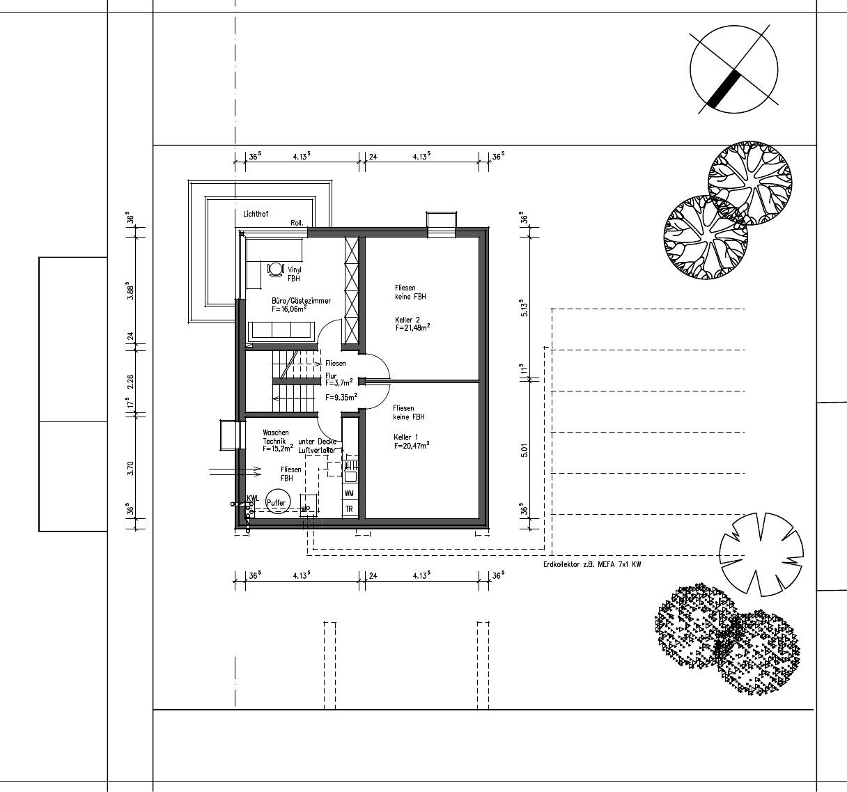 Basement floor plan showing rooms, stairs, and garden area