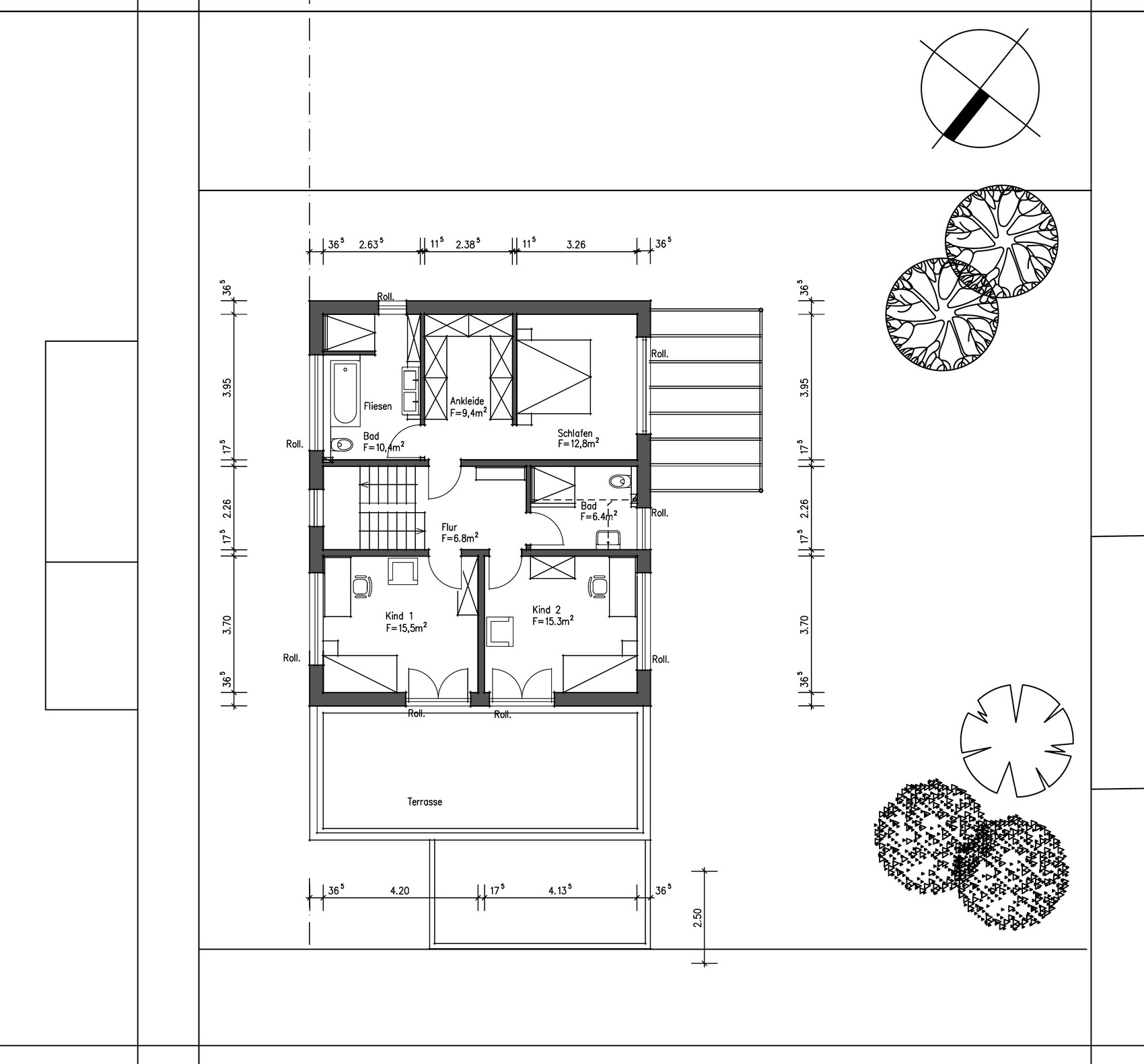 Detailed floor plan of a house: hallway, bathroom, dressing room, bedroom, two children’s rooms, terrace.