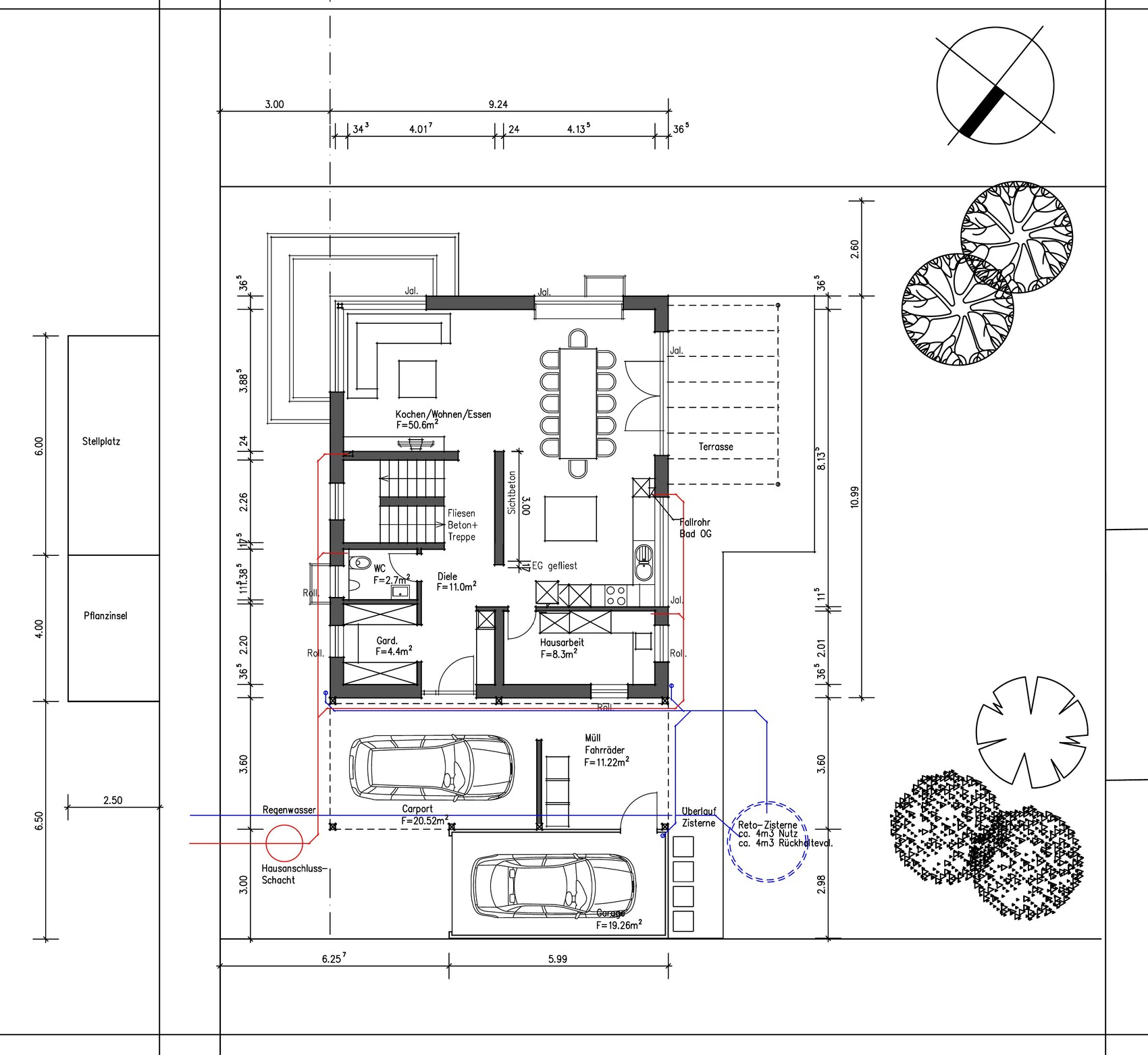 Floor plan of a house: kitchen/living/dining, stairs, terrace, garage/carport, and garden.