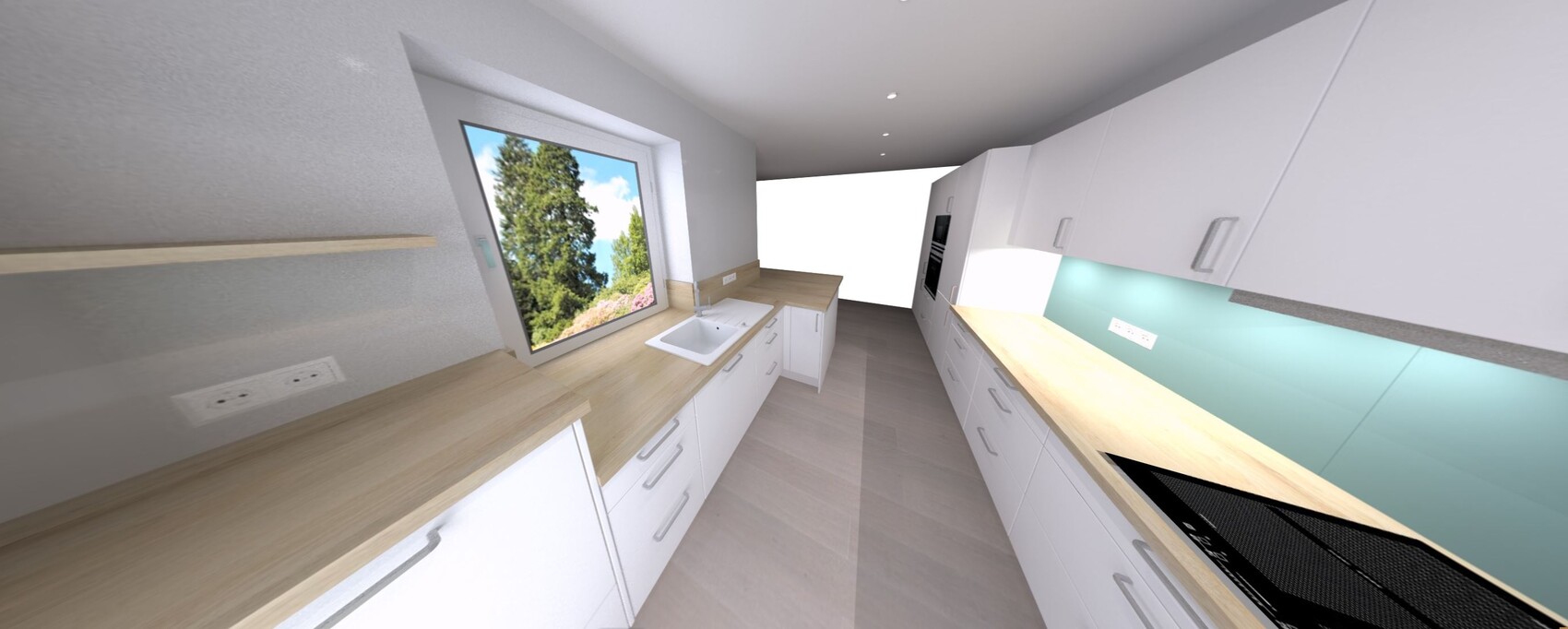 Modern kitchen with white cabinets, wooden countertops, sink under window, oven unit.