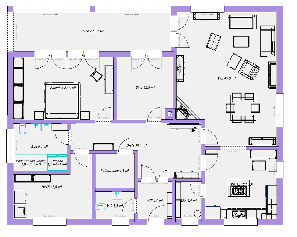 2D-Grundriss eines Hauses mit Terrasse, Wohnzimmer, Küche, Schlafzimmer und Büro