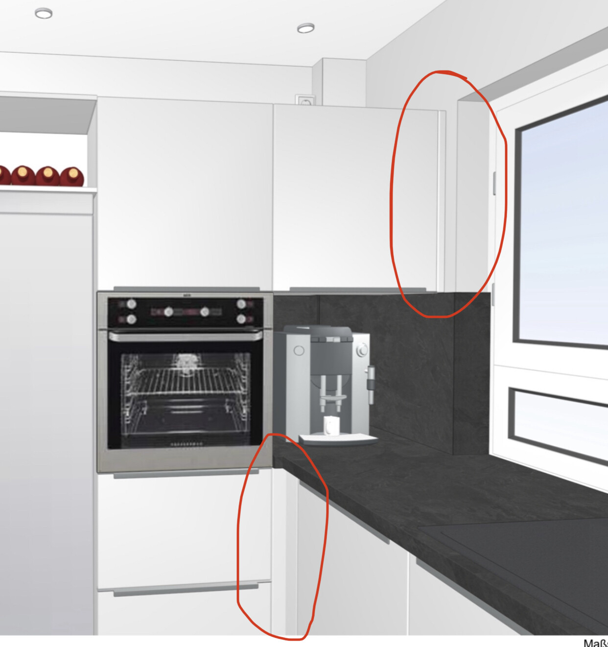 Modern kitchen with white cabinets, oven, dark countertop and coffee machine; window on the right.