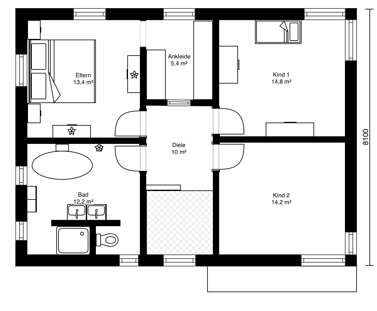 Floor plan of living area: master bedroom, two children’s rooms, bathroom, walk-in closet and hallway.
