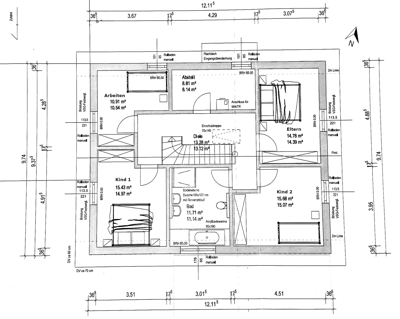 Floor plan of a single-family house: master bedroom, two children’s rooms, bathroom, hallway, work area, staircase