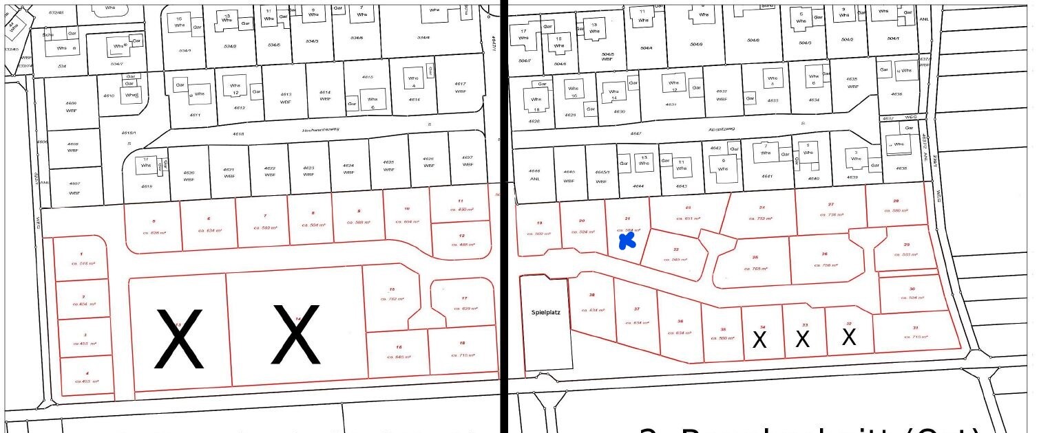 Site plan of building plots with red parcels, X-marks and playground