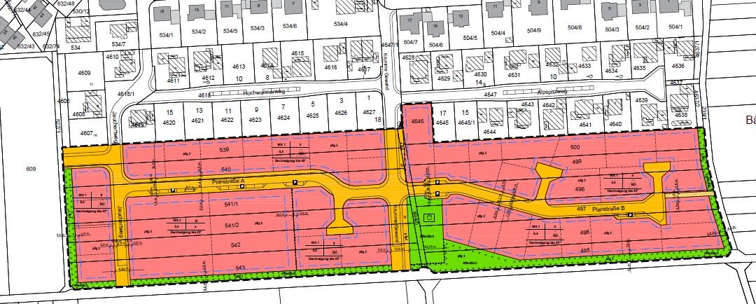 Site plan of a residential area with plots, streets and green spaces