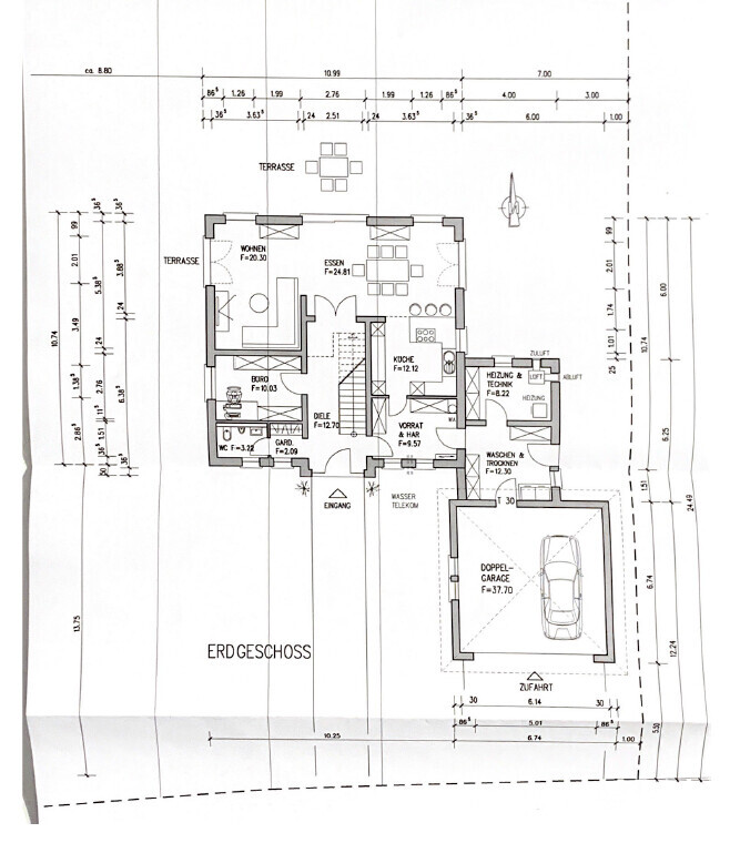 Ground floor plan: Living, dining, kitchen, hallway, bathroom, cloakroom, laundry, double garage, terrace.