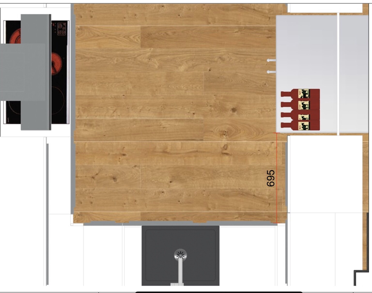 Top view of a kitchen: wooden floor, stove on the left, sink at the bottom, wine rack on the right.
