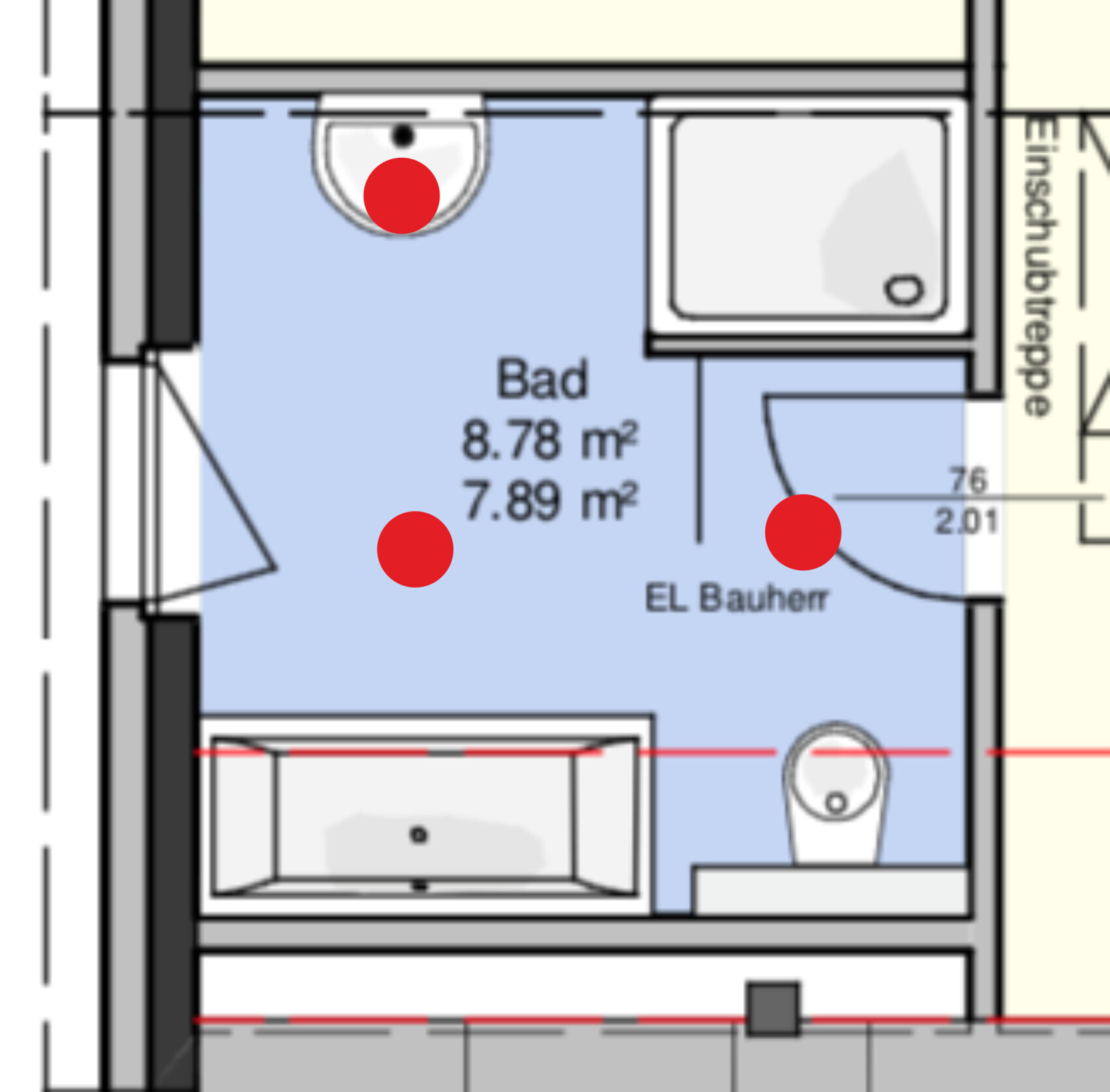 Floor plan of a bathroom: bathroom with bathtub bottom left, washbasin top left, toilet right.