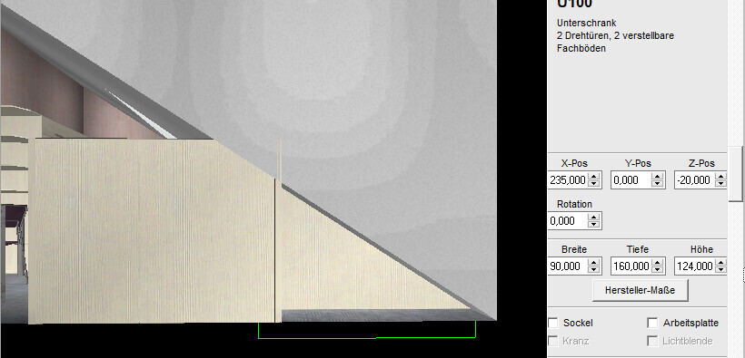 3D model of a wooden cabinet in front of a sloping wall surface, visible UI fields on the right