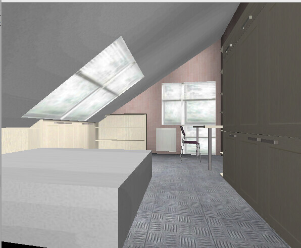 Attic room with slanted roof window, bed on the left, cabinets on the right, table and chair in front of the window.