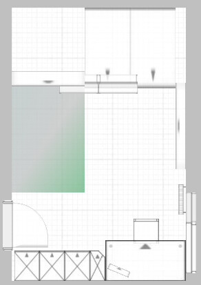 Kitchen floor plan with cabinets, sink, and work surfaces