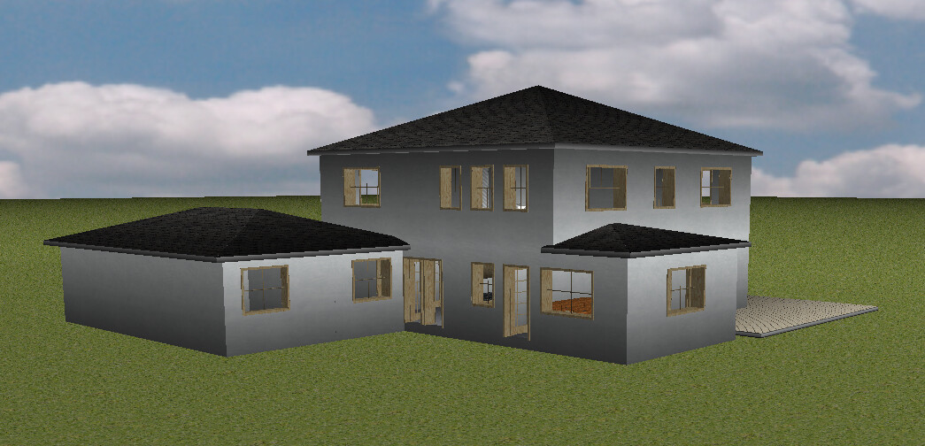 Three-dimensional house model with main and auxiliary buildings on green terrain.