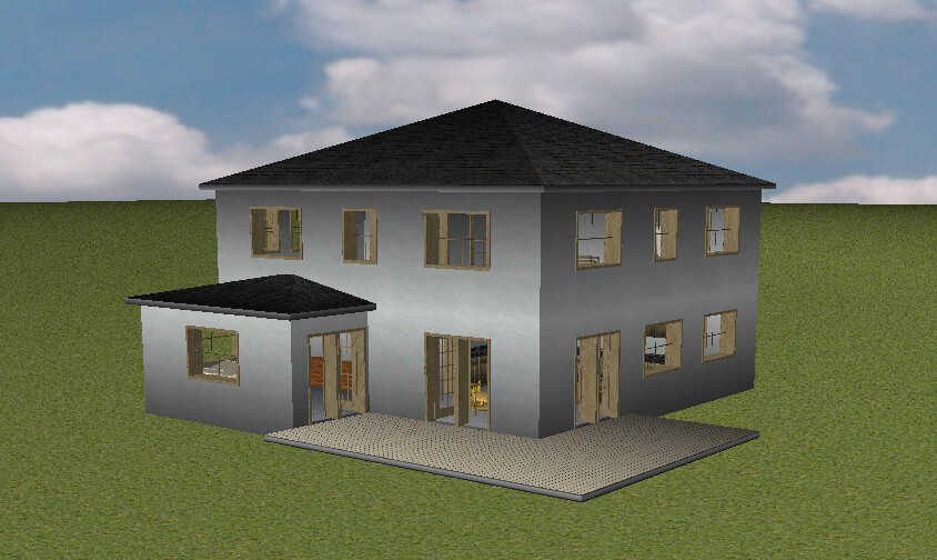 Two-story grey house with dark roof, left extension, many windows, terrace in front.
