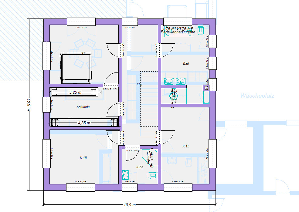 Floor plan of a level with bedroom, walk-in closet, bathroom (bathtub/shower), and corridor.