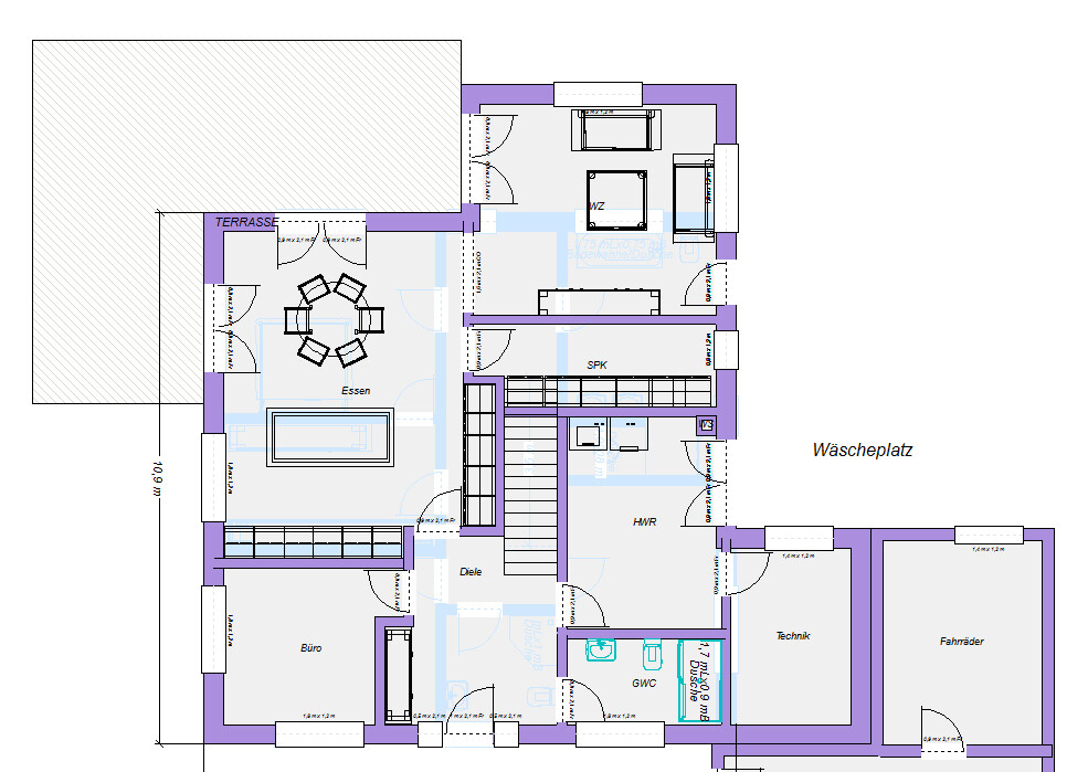 Floor plan of a house: rooms such as dining, hallway, office, utility room, technical room, laundry space.