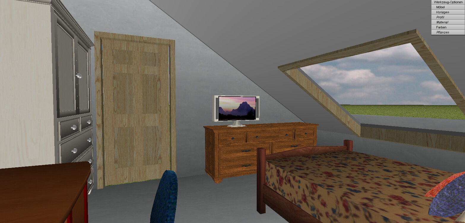 Dachgeschoss-Schlafzimmer mit Holzbett, Kommode, Fernseher und Dachfenster.