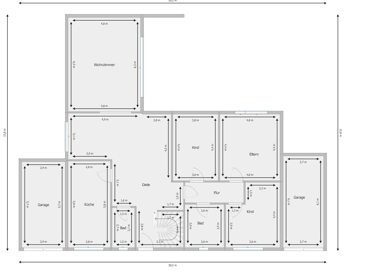 Floor plan of a house: living room, hallway, kitchen, bathroom, corridor, master and children’s bedrooms, 2 garages