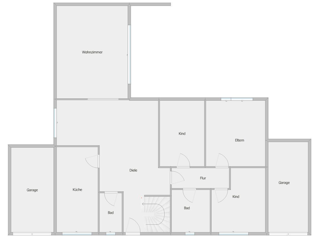 Floor plan of a house with living room, kitchen, hallway, corridor, bathroom, master and children’s bedrooms, garage.