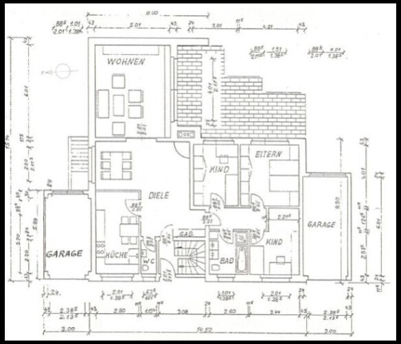 Floor plan of a single-family house: living room, kitchen, hallway, bathroom, master and children’s bedrooms, garage.