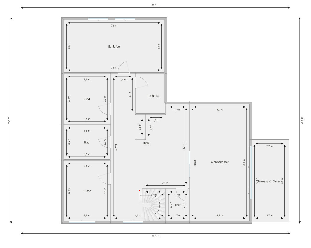 Floor plan of a house with sleeping area, child’s room, bathroom, kitchen, hallway, utility room, living room, terrace/garage