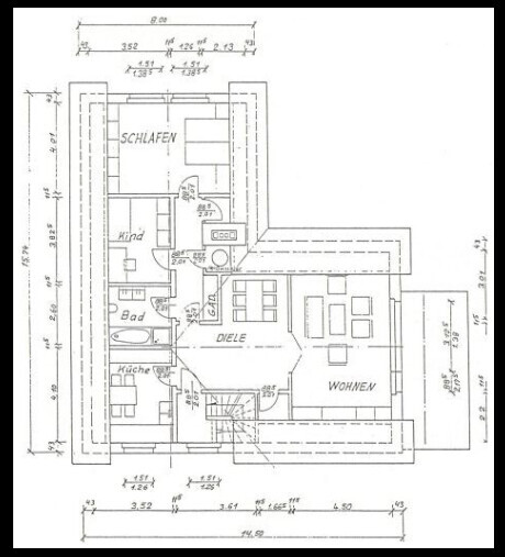 Floor plan of an apartment with sleeping area, child’s room, bathroom, kitchen, hallway, and living room (with dimensions).
