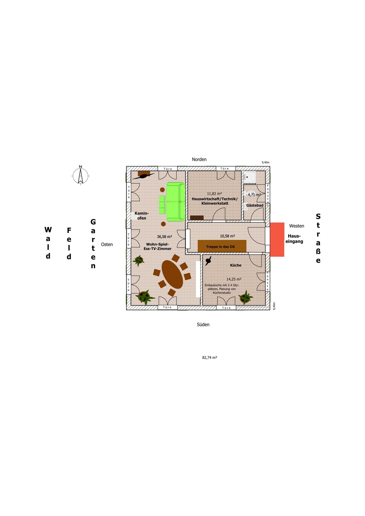 Floor plan of a house with living room, kitchen, guest bath, utility room, and stairs to the upper floor.