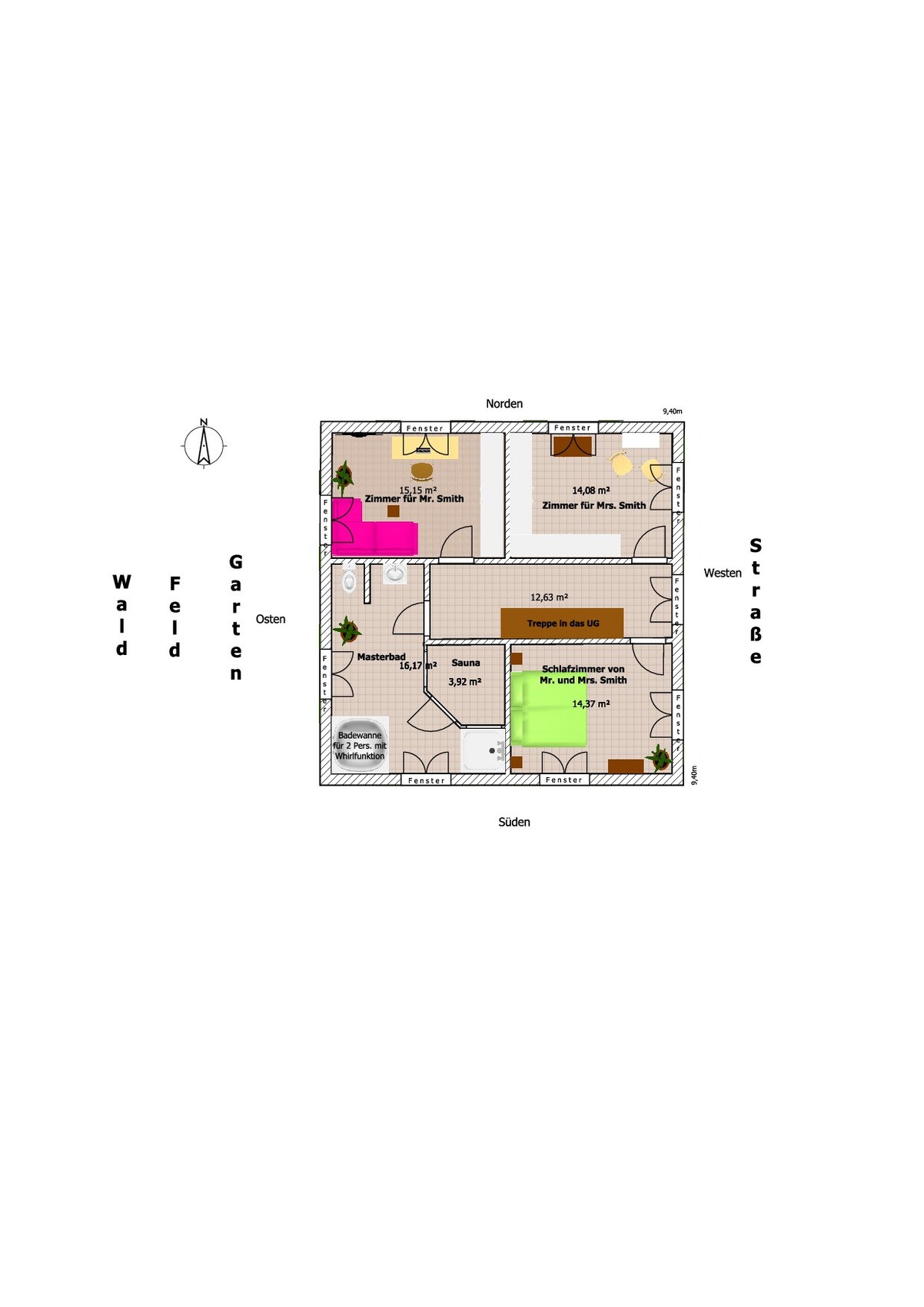 Floor plan of a house with two bedrooms, bathroom, sauna, and stairs to the basement; north is up.