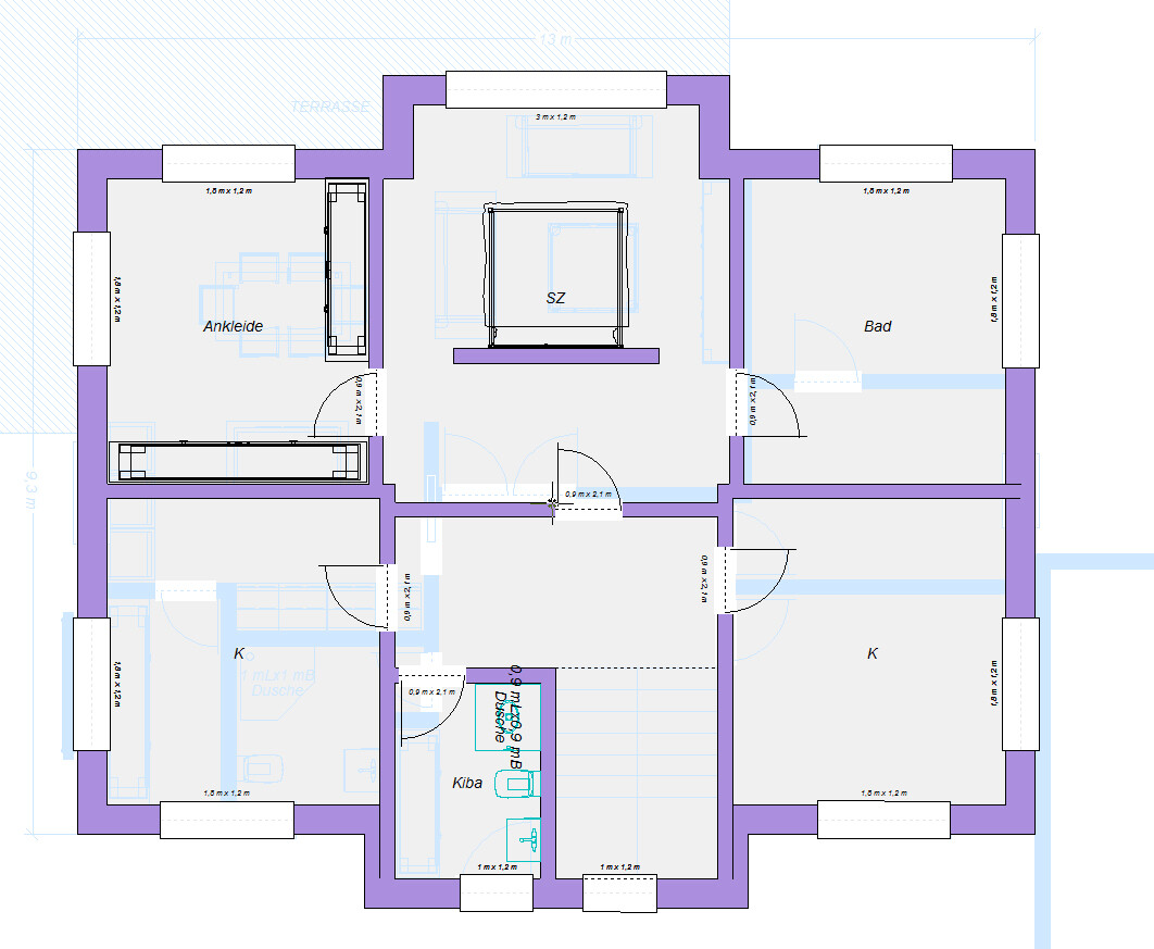 Floor plan of a house: bedroom (BR), bathroom, kitchen, walk-in closet, children’s bathroom, and terrace.