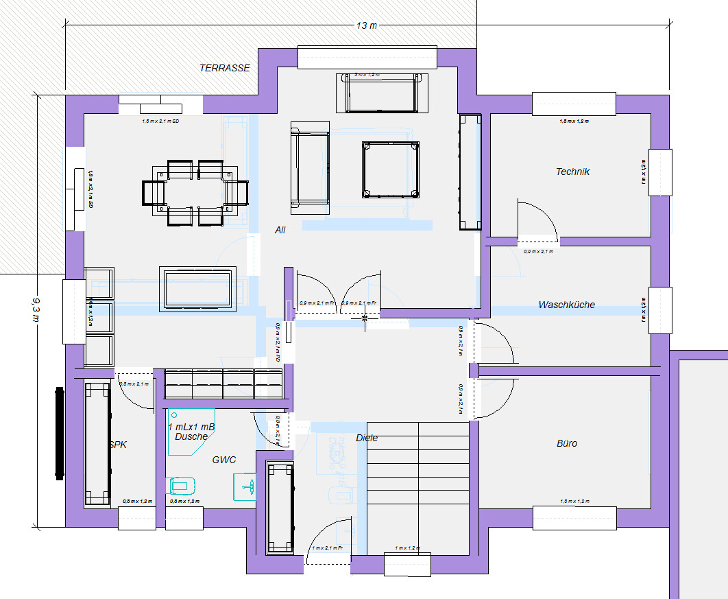 Floor plan of a house with open-plan living and dining area, terrace, utility room, laundry room, office.