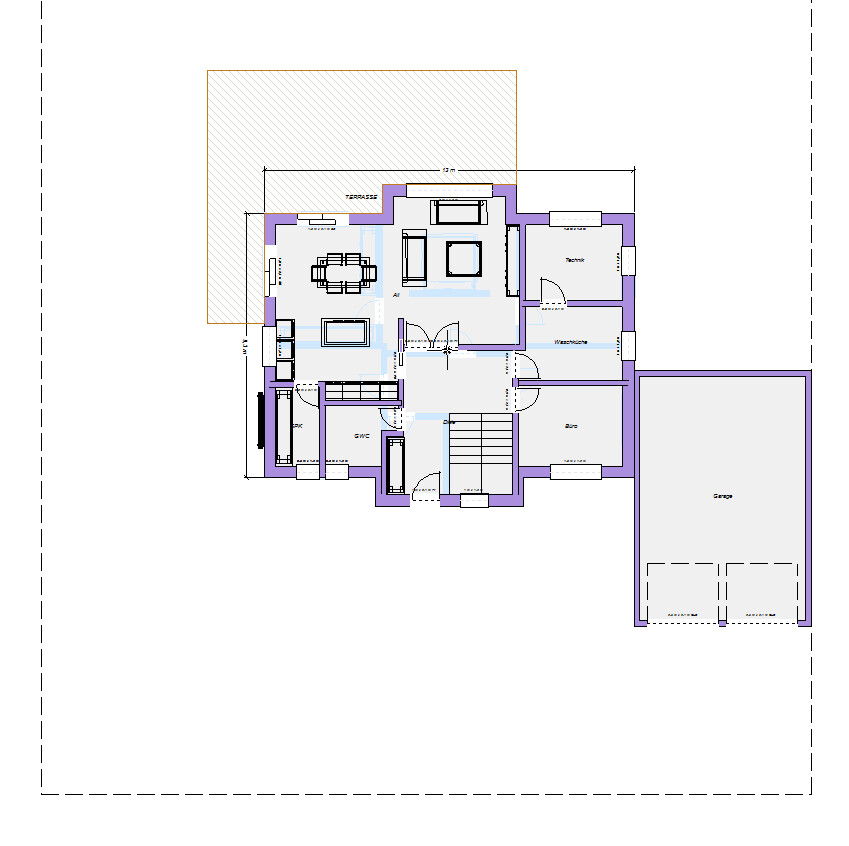 Floor plan of a house with living room, kitchen, dining room, bathroom, office, terrace, and garage.