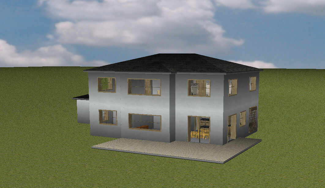 Two-story gray house on green land with terrace and large windows.