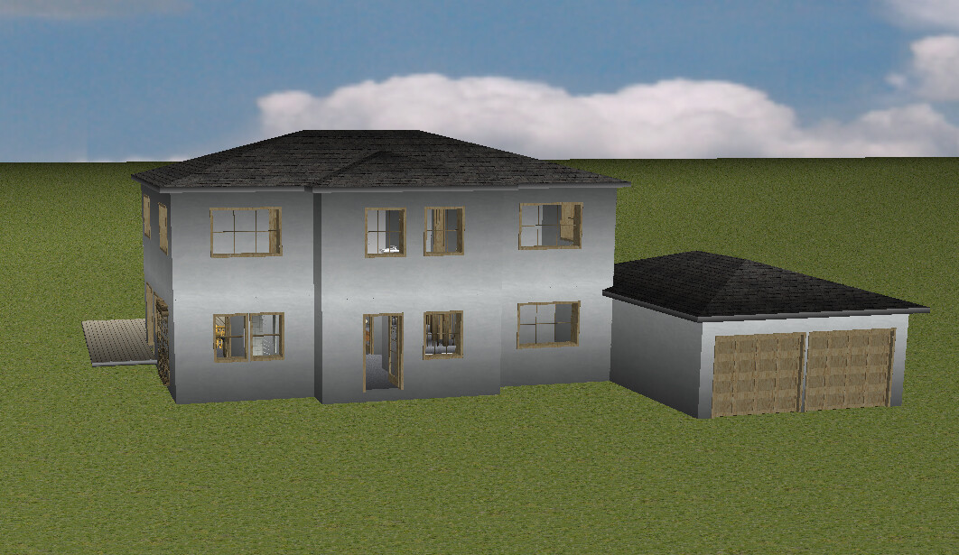 Two-story gray house with many windows and an attached garage on a green lawn.
